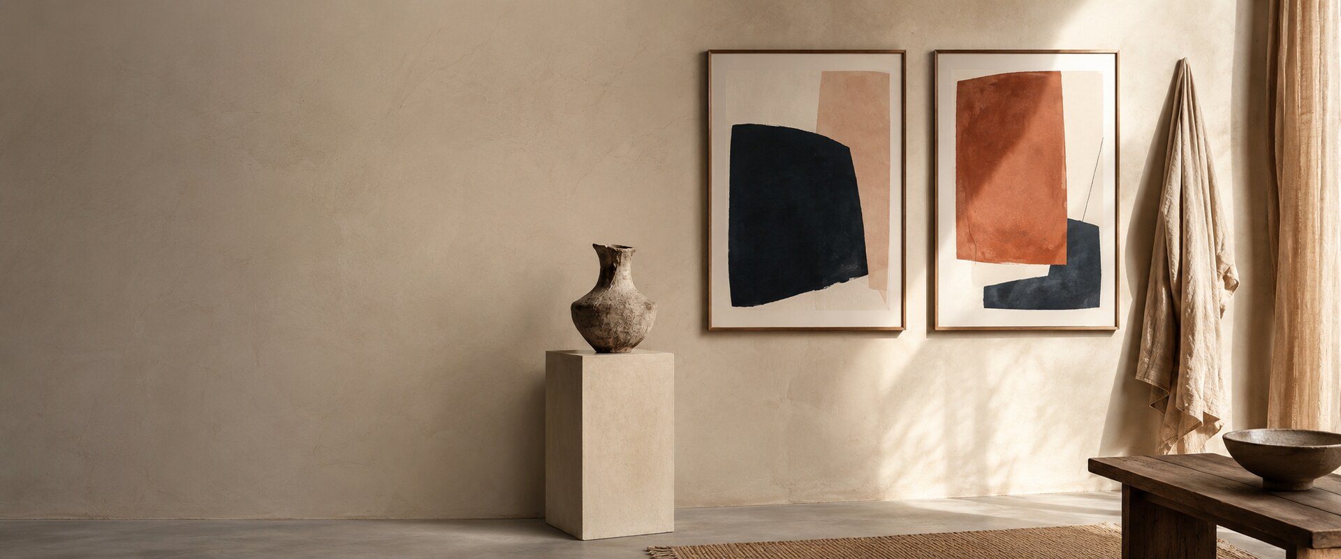 Framed abstract art prints and a ceramic vessel in a sunlit gallery room