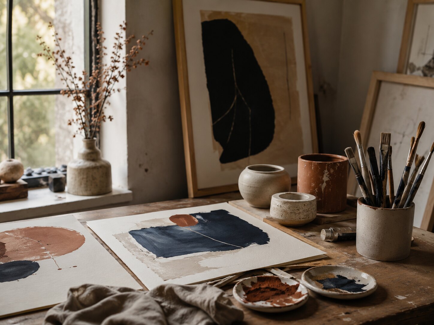 Kiyoqshi maker's studio — abstract works on paper, ceramic vessels and pigments in daylight